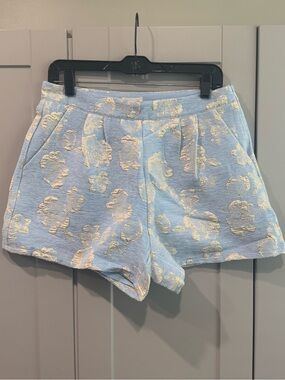 Umgee Light Blue Floral Jacquard High Waist Shorts